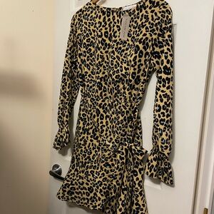 Leopard Print Long-Sleeve Wrap Dress in Beige and Black